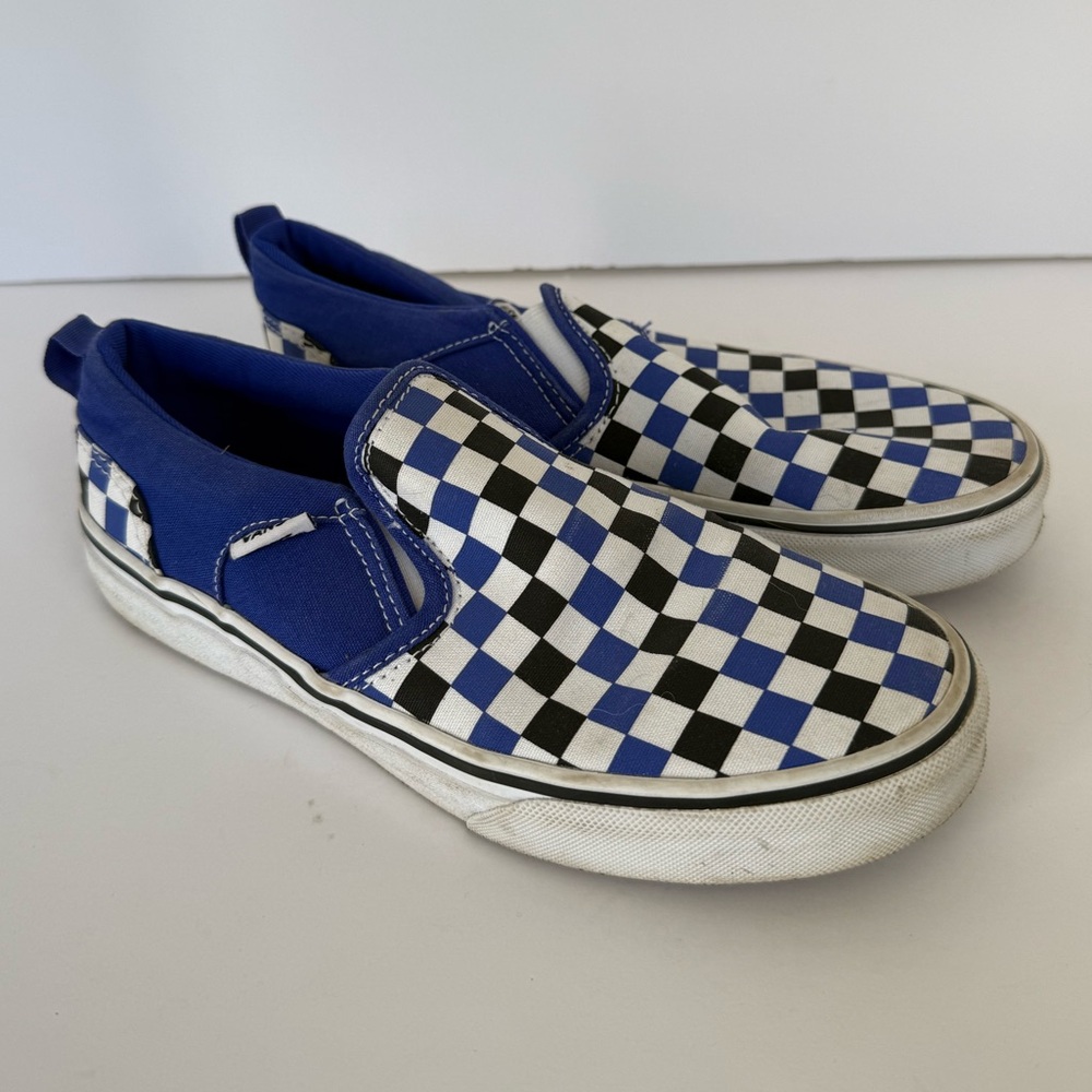 Vans Blue, Black and White Checkerboard Slip-On Shoes - Youth 4